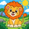 Digitaal ontwerp: lachend leeuwtje met grote ronde oranje manen dat in het gras zit onder een felle zon