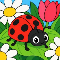 Digitaal ontwerp: groot rood lieveheersbeestje met zwarte stippen op een blad tussen witte madeliefjes en een roze tulp