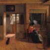 Moedertaak van Pieter de Hooch: een moeder reinigt het haar van haar kind in een kamer met een bedstee, met een doorkijk naar een zonnige gang