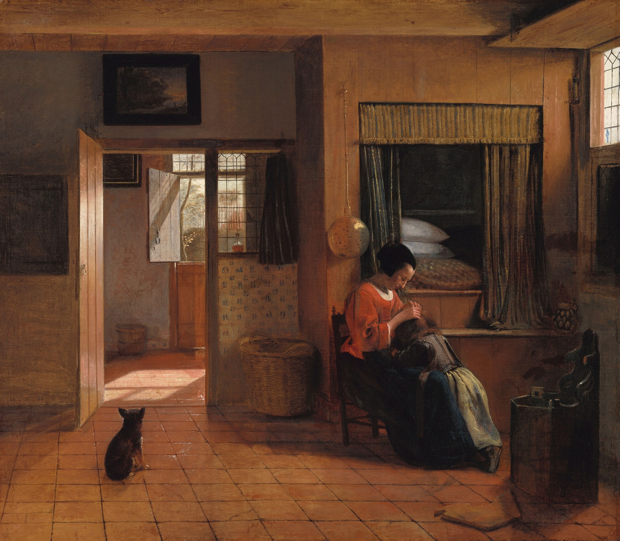 Moedertaak van Pieter de Hooch: een moeder reinigt het haar van haar kind in een kamer met een bedstee, met een doorkijk naar een zonnige gang