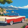 Digitaal ontwerp: rood-witte oldtimer-cabrio uit de jaren vijftig op een kustweg boven een blauwe zee met zeilboot