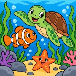 Digitaal ontwerp: lachende zeeschildpad, oranje-wit gestreepte vis en een zeester tussen zeewier en koraal