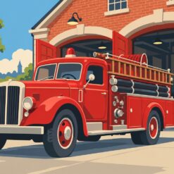 Digitaal ontwerp: rode vintage brandweerwagen met ladder en slangen voor een bakstenen brandweerkazerne met open deuren