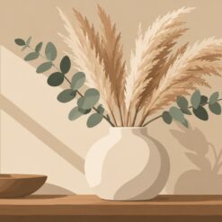Digitaal ontwerp: ronde witte vaas met gedroogd pampasgras en eucalyptustakjes op een houten plank, met een houten schaal en raamschaduw op een beige muur