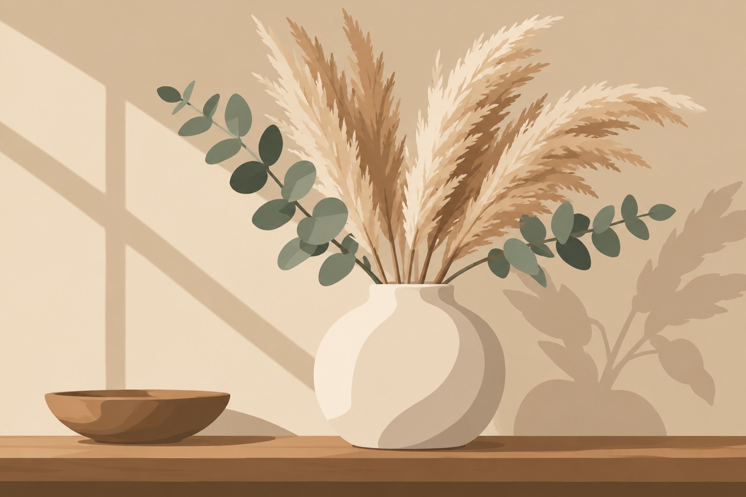 Digitaal ontwerp: ronde witte vaas met gedroogd pampasgras en eucalyptustakjes op een houten plank, met een houten schaal en raamschaduw op een beige muur
