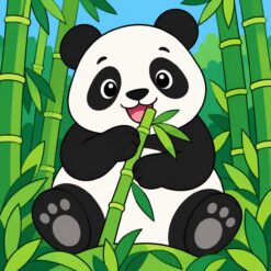 Digitaal ontwerp: ronde panda die zit en een bamboestengel eet, tussen groene bamboestengels
