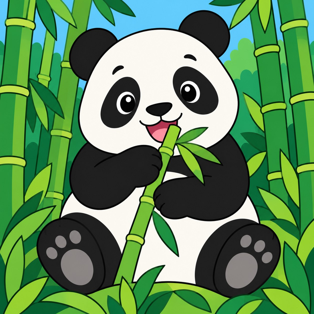 Digitaal ontwerp: ronde panda die zit en een bamboestengel eet, tussen groene bamboestengels