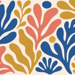 Digitaal ontwerp: speelse organische bladvormen in kobaltblauw, koraalroze en mosterdgeel op een crèmekleurige achtergrond, in de stijl van papierknipsels