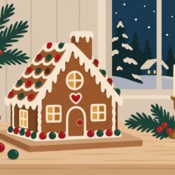 Digitaal ontwerp: peperkoekhuisje met witte glazuurrandjes en snoepjes op een tafel naast een kaars, met sneeuw buiten het raam