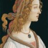 Portret van een jonge vrouw van Sandro Botticelli: een vrouw in profiel met lang goudblond gevlochten haar, parels en een hanger, tegen een donkere achtergrond