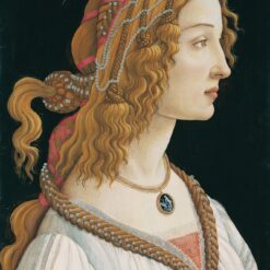 Portret van een jonge vrouw van Sandro Botticelli: een vrouw in profiel met lang goudblond gevlochten haar, parels en een hanger, tegen een donkere achtergrond