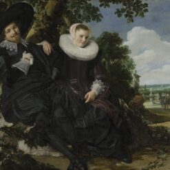 Portret van een stel in een landschap van Frans Hals: een man en een vrouw in zwarte kleding met witte kragen zitten bij een boom in een tuin