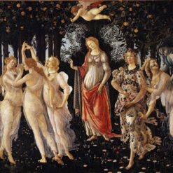 Primavera van Sandro Botticelli: Venus in een sinaasappelboomgaard, met de drie gratiën, Mercurius, Flora en Zephyrus, en Cupido erboven