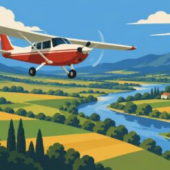 Digitaal ontwerp: klein rood-wit propellervliegtuig laag boven een lappendeken van velden en een kronkelende rivier