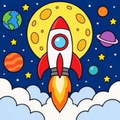 Digitaal ontwerp: rood-witte raket die opstijgt naar een grote gele maan, met planeten en sterren in een donkerblauwe lucht