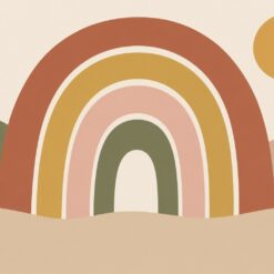 Digitaal ontwerp: boho-regenboog van vier bogen in terracotta, mosterdgeel, oudroze en olijfgroen op een zandkleurige grond met een gele zon