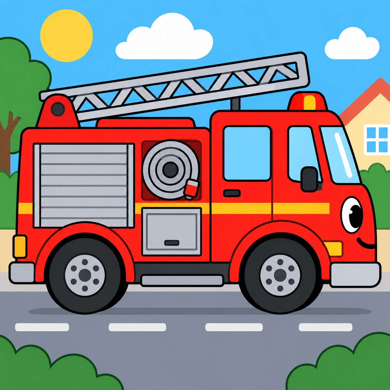 Digitaal ontwerp: vrolijke rode brandweerauto met ladder op het dak, van opzij gezien in een straat