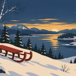 Digitaal ontwerp: rode houten slee op een besneeuwde heuvel bij schemering, met berken, dennen, een meer en een maansikkel