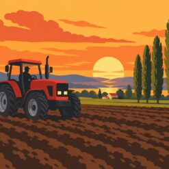 Digitaal ontwerp: rode tractor op een omgeploegde akker bij een oranje zonsondergang met een rij populieren