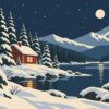 Digitaal ontwerp: besneeuwd dennenbos aan een meer met een rood houten huisje met verlicht raam, bergen en een bleke maan