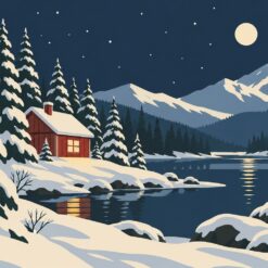 Digitaal ontwerp: besneeuwd dennenbos aan een meer met een rood houten huisje met verlicht raam, bergen en een bleke maan