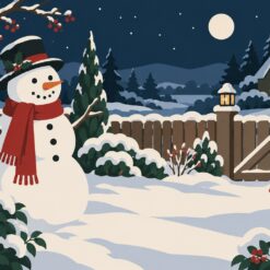 Digitaal ontwerp: sneeuwpop met hoge hoed en rode sjaal in een besneeuwde tuin bij een houten hek, met een huis en de maan