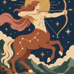 Digitaal ontwerp: sterrenbeeld Boogschutter, een centaur met rood haar die een boog spant, boven bergen en een rivier, in boho-stijl met nachtblauw