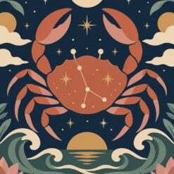 Digitaal ontwerp: sterrenbeeld Kreeft, een terracotta krab boven de golven, met een ondergaande zon en bloemen aan de randen, in boho-stijl met nachtblauw