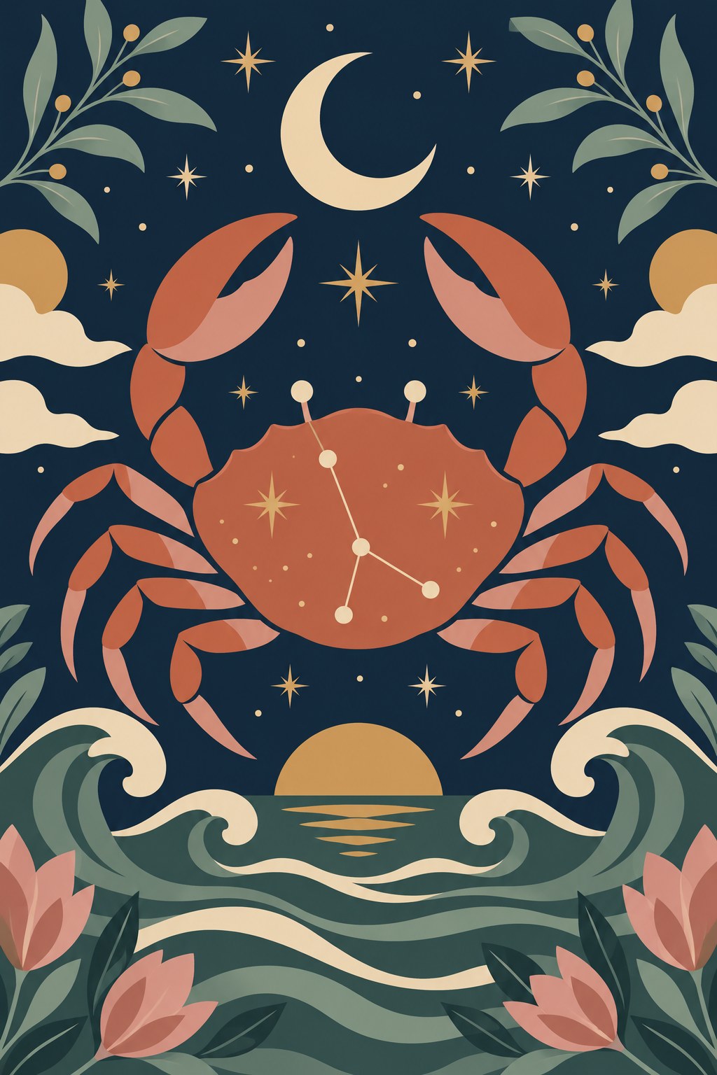 Digitaal ontwerp: sterrenbeeld Kreeft, een terracotta krab boven de golven, met een ondergaande zon en bloemen aan de randen, in boho-stijl met nachtblauw