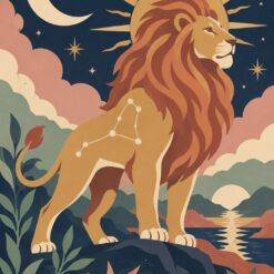 Digitaal ontwerp: sterrenbeeld Leeuw, een leeuw met roodbruine manen op een rots, met een stralende zon erachter, in boho-stijl met nachtblauw