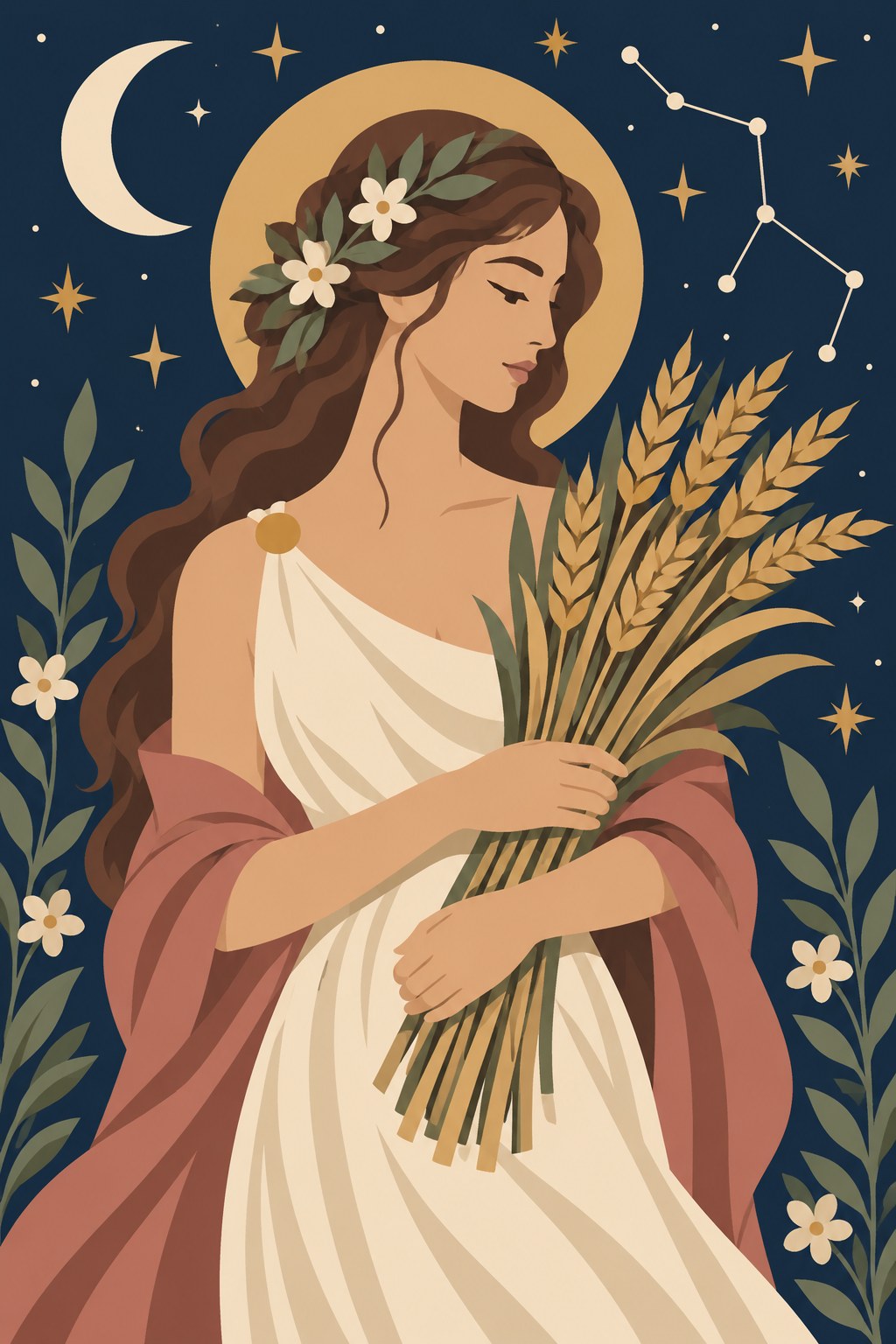 Digitaal ontwerp: sterrenbeeld Maagd, een vrouw met een bloemenkrans en een roze mantel die een bundel graan vasthoudt, in boho-stijl met nachtblauw