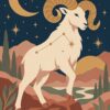 Digitaal ontwerp: sterrenbeeld Ram, een witte ram met grote gouden hoorns op een rode rots, onder een maansikkel en een zon, in boho-stijl met nachtblauw