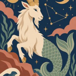 Digitaal ontwerp: sterrenbeeld Steenbok, een witte zeegeit met grote hoorns en een groene vissenstaart boven de golven, in boho-stijl met nachtblauw
