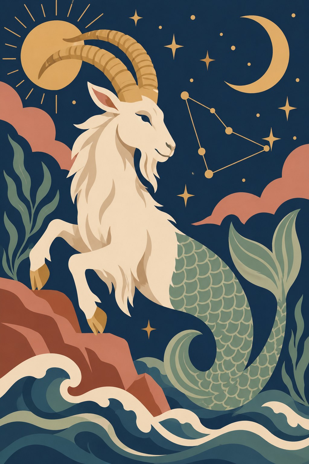 Digitaal ontwerp: sterrenbeeld Steenbok, een witte zeegeit met grote hoorns en een groene vissenstaart boven de golven, in boho-stijl met nachtblauw