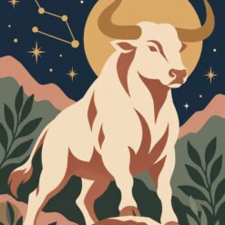Digitaal ontwerp: sterrenbeeld Stier, een crèmekleurige stier met gouden hoorns voor een grote gouden zon, in boho-stijl met nachtblauw