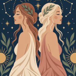 Digitaal ontwerp: sterrenbeeld Tweelingen, twee vrouwen die rug aan rug staan, de een met donker haar, de ander blond, met een krans in het haar, in boho-stijl met nachtblauw