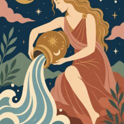 Digitaal ontwerp: sterrenbeeld Waterman, een vrouw in een rode jurk die water uit een gouden kruik in de golven giet, in boho-stijl met nachtblauw