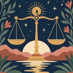 Digitaal ontwerp: sterrenbeeld Weegschaal, een gouden weegschaal boven stil water, met een zon die erachter opkomt, in boho-stijl met nachtblauw