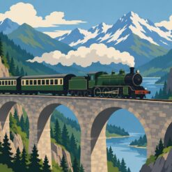 Digitaal ontwerp: groene stoomlocomotief met wagons op een stenen boogbrug tussen bergen met sneeuw, dennen en een waterval