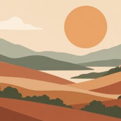 Digitaal ontwerp: minimalistisch landschap met golvende heuvels in terracotta en salie, cipressen, een boerderijtje en een oranje zon