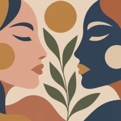 Digitaal ontwerp: twee abstracte vrouwengezichten in profiel tegenover elkaar, in oudroze en donkerblauw, met een groene tak en okerkleurige cirkels
