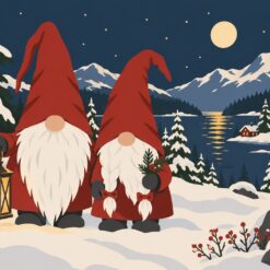 Digitaal ontwerp: twee Scandinavische kerstkabouters met lange rode mutsen en witte baarden in de sneeuw, met een lantaarn en een meer