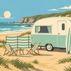 Digitaal ontwerp: ronde vintage caravan in mint en crème op het strand tussen duinen, met een gestreept windscherm en een surfplank