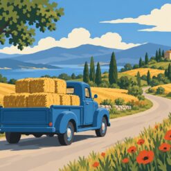 Digitaal ontwerp: blauwe vintage pick-up truck geladen met hooibalen op een kronkelende landweg tussen velden en klaprozen