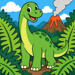 Digitaal ontwerp: lachende groene dinosaurus met lange nek tussen grote varens, met een rokende vulkaan erachter
