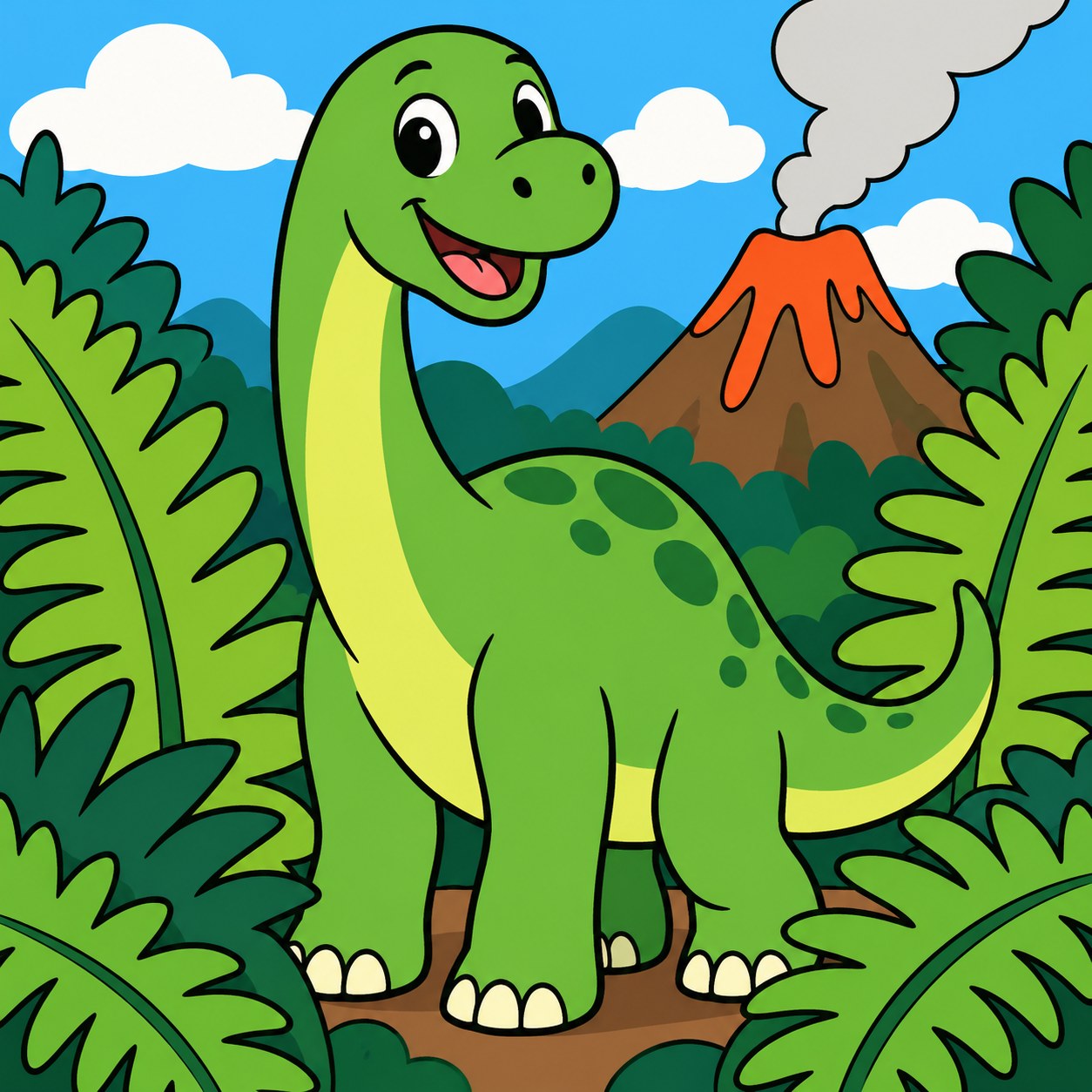 Digitaal ontwerp: lachende groene dinosaurus met lange nek tussen grote varens, met een rokende vulkaan erachter