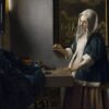 Vrouw met weegschaal van Johannes Vermeer: een vrouw in een blauwe jak met bontrand houdt bij het raam een kleine weegschaal vast, met een schilderij aan de muur