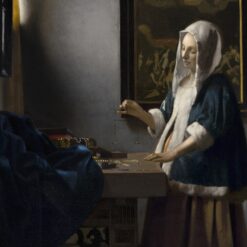 Vrouw met weegschaal van Johannes Vermeer: een vrouw in een blauwe jak met bontrand houdt bij het raam een kleine weegschaal vast, met een schilderij aan de muur