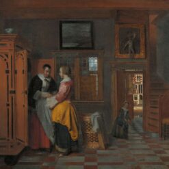 Binnenhuis met vrouwen bij een linnenkast van Pieter de Hooch: twee vrouwen leggen gevouwen linnen in een grote kast, met een doorkijk naar de straat