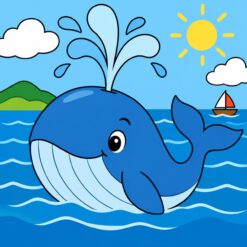 Digitaal ontwerp: vriendelijke blauwe walvis die een fontein water spuit in een kalme zee met een bootje in de verte